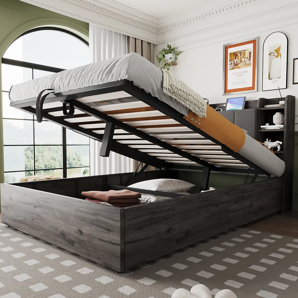 Lit double bois gris 140 par 200 cm avec tete de lit rangement prise USB et Type C systeme hydraulique sans matelas>Redom Hot