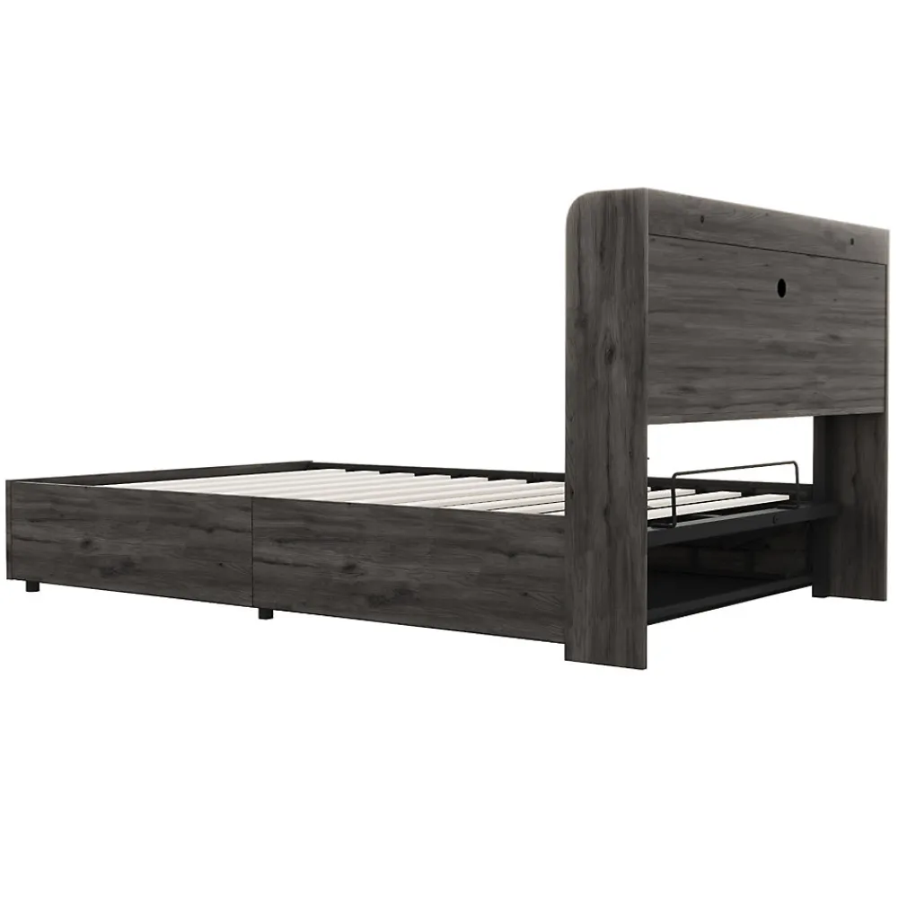 Lit double bois gris 140 par 200 cm avec tete de lit rangement prise USB et Type C systeme hydraulique sans matelas>Redom Hot