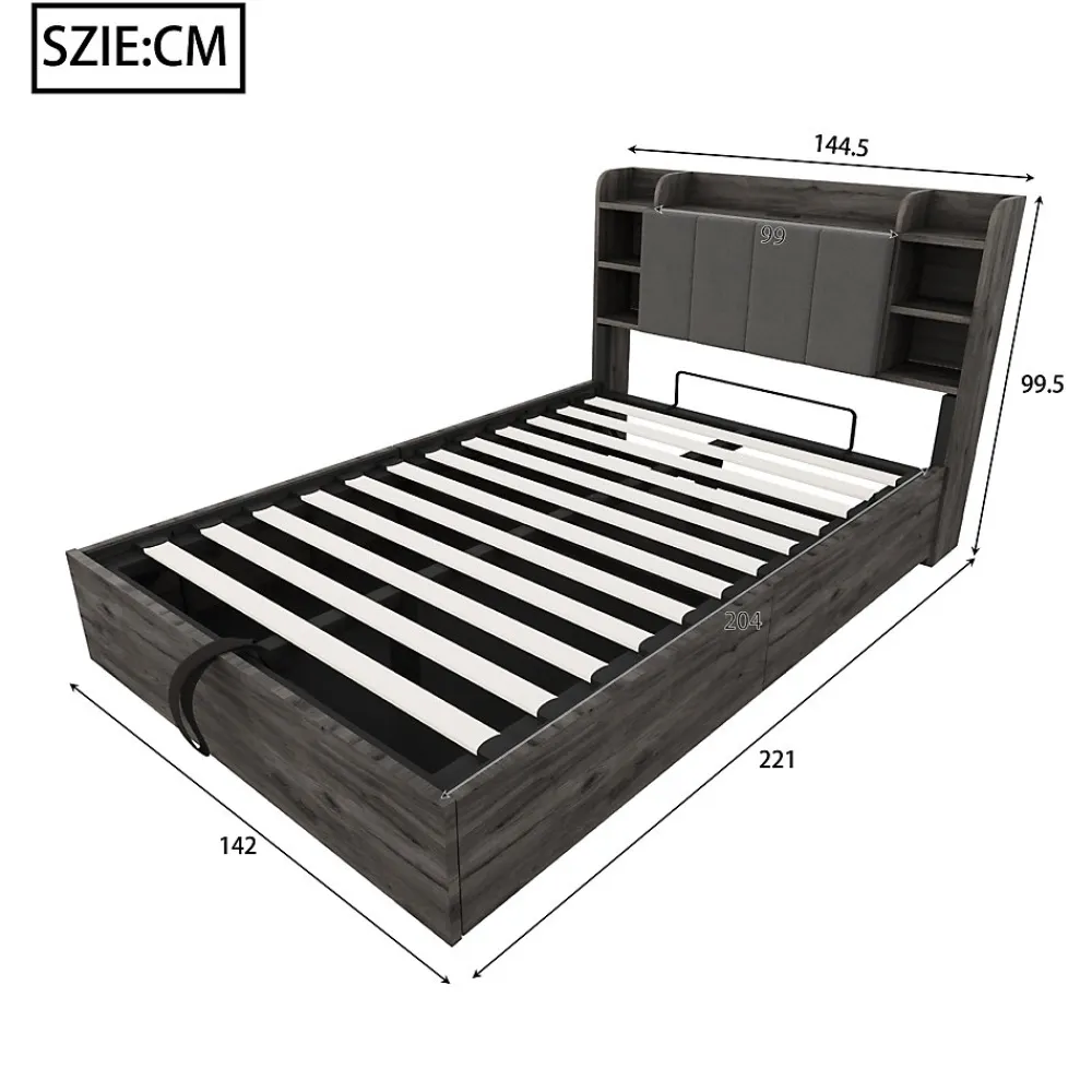 Lit double bois gris 140 par 200 cm avec tete de lit rangement prise USB et Type C systeme hydraulique sans matelas>Redom Hot