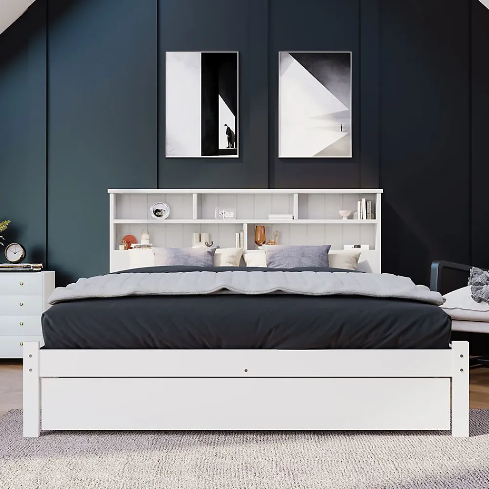 Blackcolors Lit Double Bois 140X200Cm Tiroirs Blanc* Lit Avec Rangement