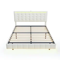 Simple Life Lit Double Capitonné 160 X 200 Cm, Cadre De Lit Flottant, Rembourré, Avec LED, Lin, Beige* Lit Coffre