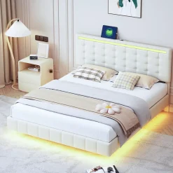 Simple Life Lit Double Capitonné 160 X 200 Cm, Cadre De Lit Flottant, Rembourré, Avec LED, Lin, Beige* Lit Coffre