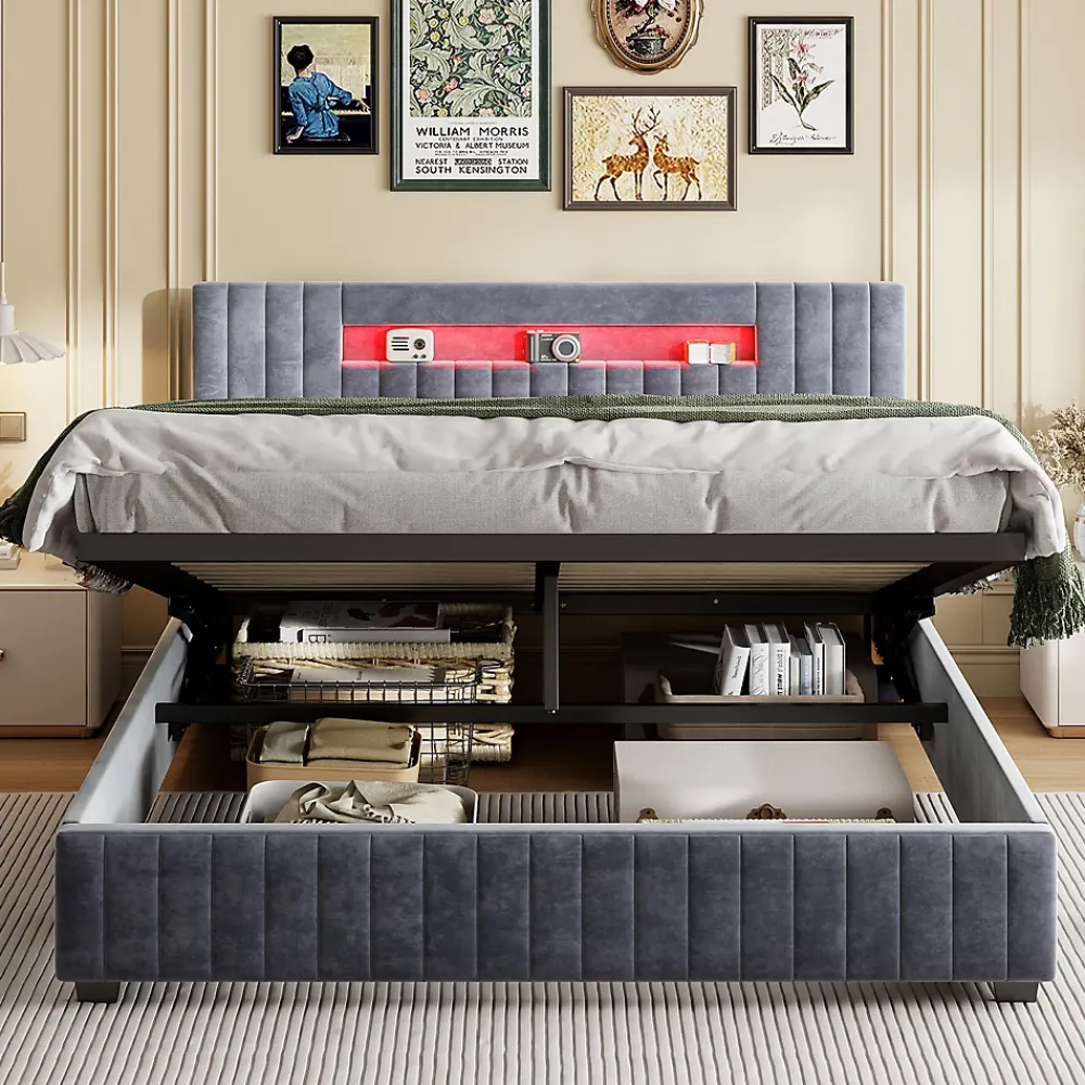 Fortuna lai Lit Double Capitonné 160 X 200 Cm Avec Tête De Lit LED, Rangement, Sommier à Lattes En Bois, Gris* Lit Coffre