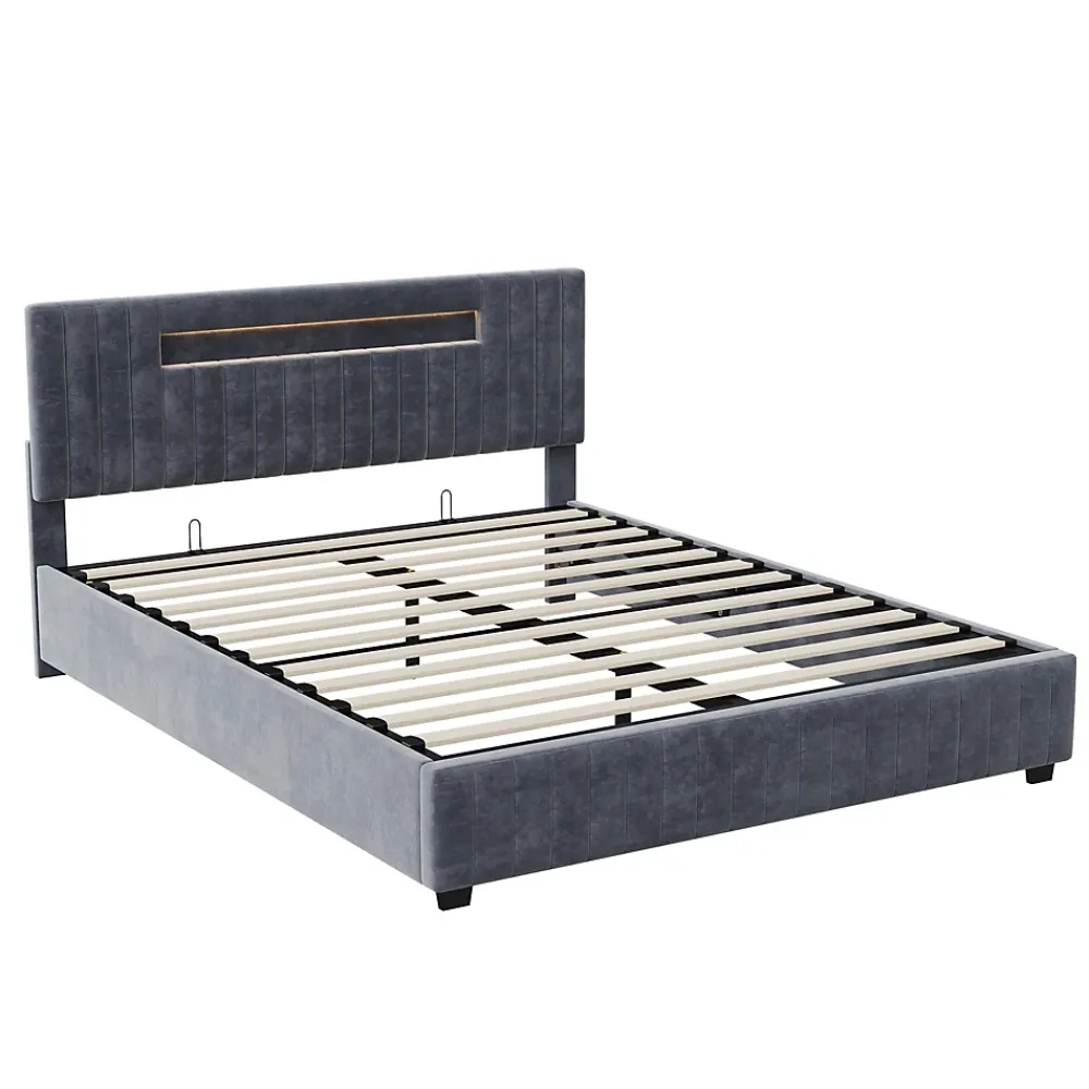 Fortuna lai Lit Double Capitonné 160 X 200 Cm Avec Tête De Lit LED, Rangement, Sommier à Lattes En Bois, Gris* Lit Coffre