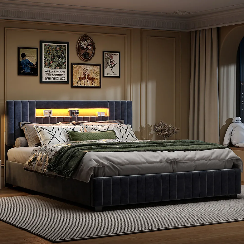 Fortuna lai Lit Double Capitonné 160 X 200 Cm Avec Tête De Lit LED, Rangement, Sommier à Lattes En Bois, Gris* Lit Coffre