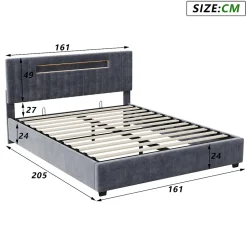 Fortuna lai Lit Double Capitonné 160 X 200 Cm Avec Tête De Lit LED, Rangement, Sommier à Lattes En Bois, Gris* Lit Coffre