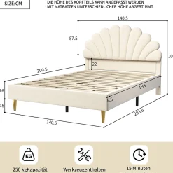 Simple Life Lit Double Capitonné 140 X 200 Cm Avec Sommier à Lattes, Velours, Beige* Lit Coffre