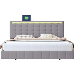 Lit double capitonné 160 x 200 cm, cadre de lit flottant, rembourré, avec LED, lin, gris>Fortuna lai Sale