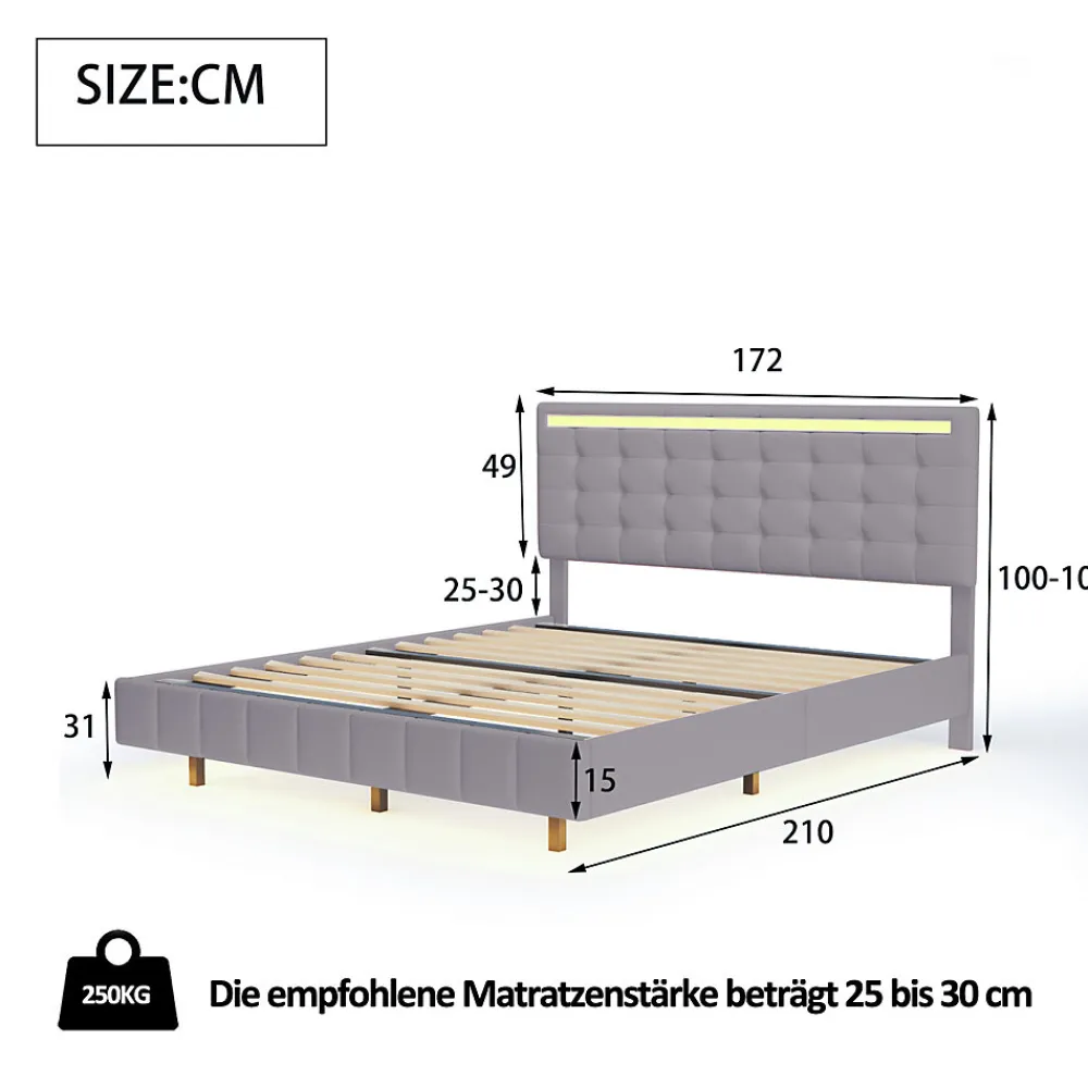 Lit double capitonné 160 x 200 cm, cadre de lit flottant, rembourré, avec LED, lin, gris>Fortuna lai Sale