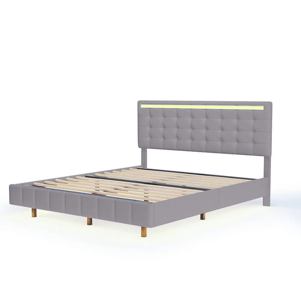 Lit double capitonné 160 x 200 cm, cadre de lit flottant, rembourré, avec LED, lin, gris>Fortuna lai Sale