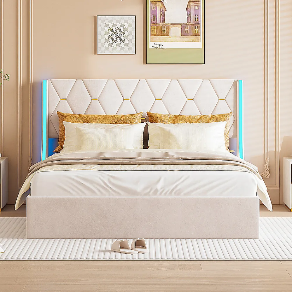 Lit double capitonné 140 x 190 cm, avec tête de lit et éclairage LED, espace de rangement, beige>Fortuna lai Online