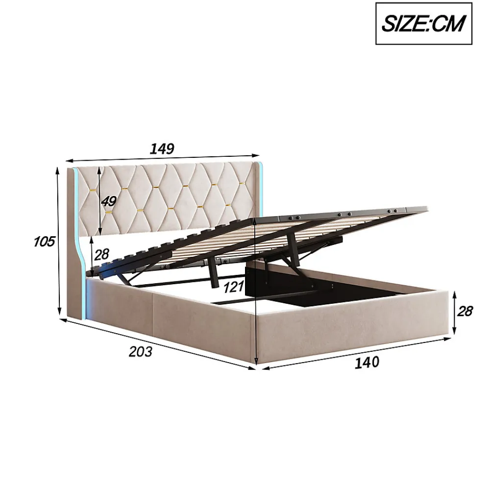 Lit double capitonné 140 x 190 cm, avec tête de lit et éclairage LED, espace de rangement, beige>Fortuna lai Online