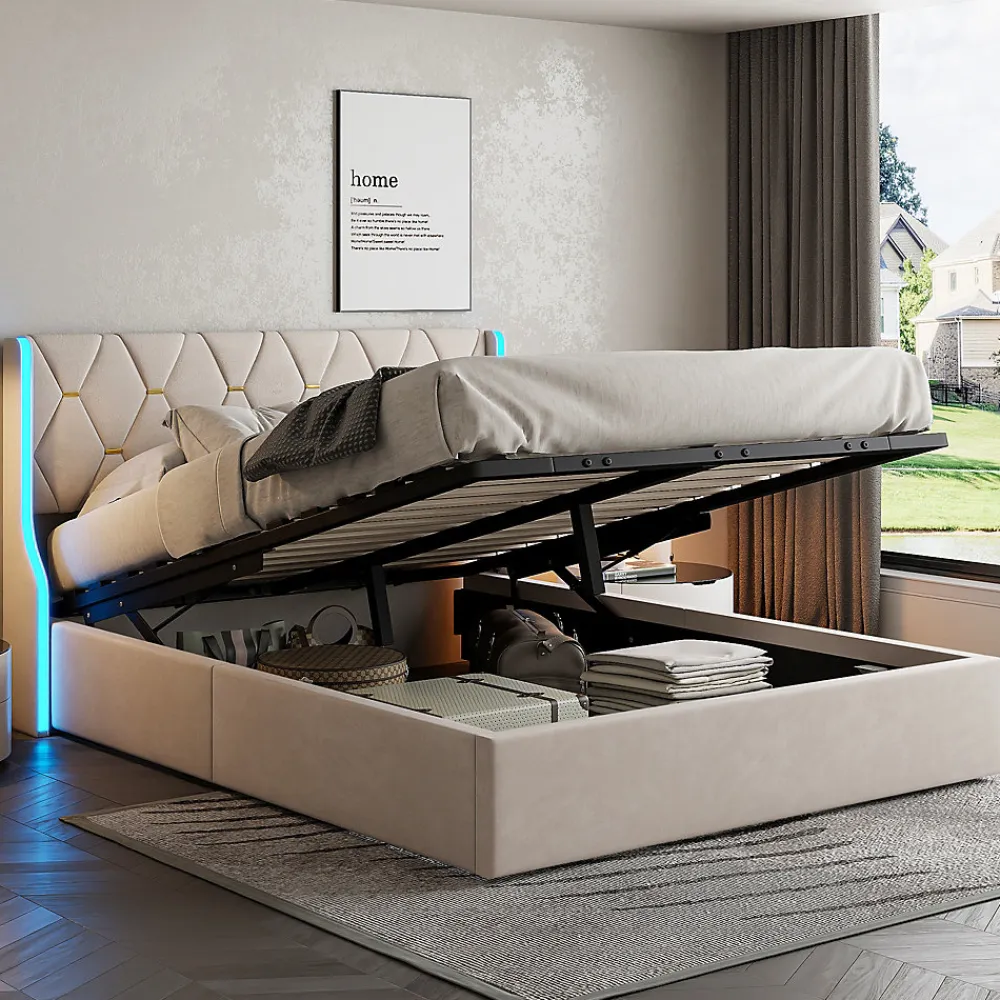 Lit double capitonné 140 x 190 cm, avec tête de lit et éclairage LED, espace de rangement, beige>Fortuna lai Online