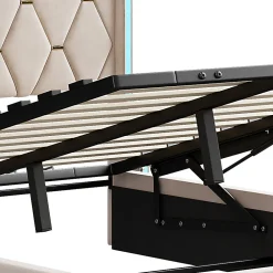 Lit double capitonné 140 x 190 cm, avec tête de lit et éclairage LED, espace de rangement, beige><noscript><img width=