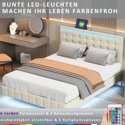 Lit double capitonné 140 x 200 cm, cadre de lit flottant, rembourré, avec LED, lin, beige><noscript><img width=