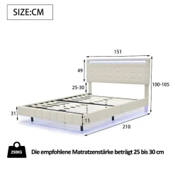 Lit double capitonné 140 x 200 cm, cadre de lit flottant, rembourré, avec LED, lin, beige><noscript><img width=