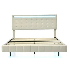 Lit double capitonné 140 x 200 cm, cadre de lit flottant, rembourré, avec LED, lin, beige><noscript><img width=