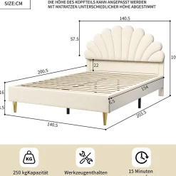Lit double capitonné 140 x 200 cm avec sommier à lattes, velours, Beige><noscript><img width=