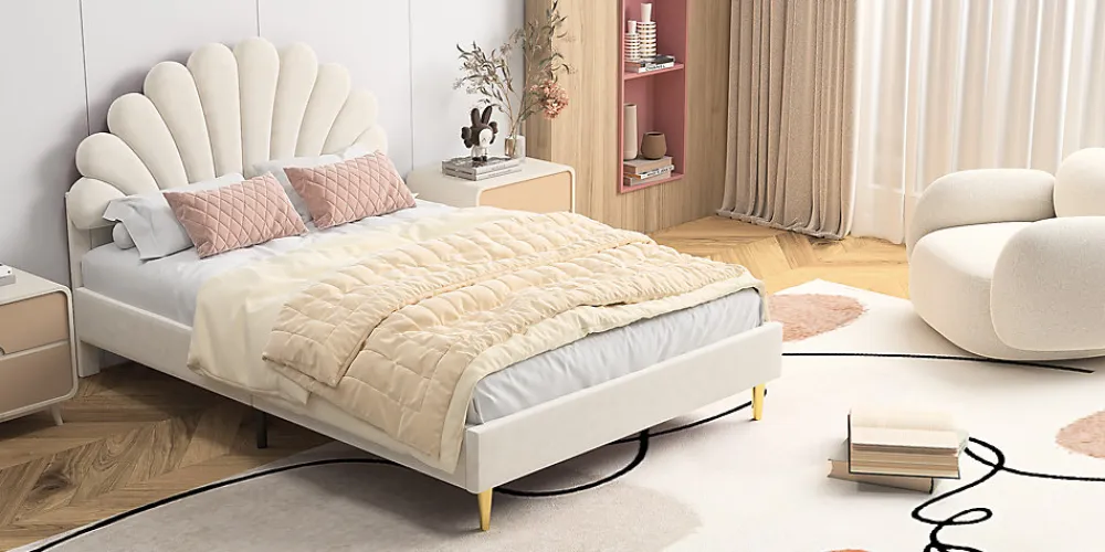 Lit double capitonné 140 x 200 cm avec sommier à lattes, velours, Beige>Fortuna lai Online