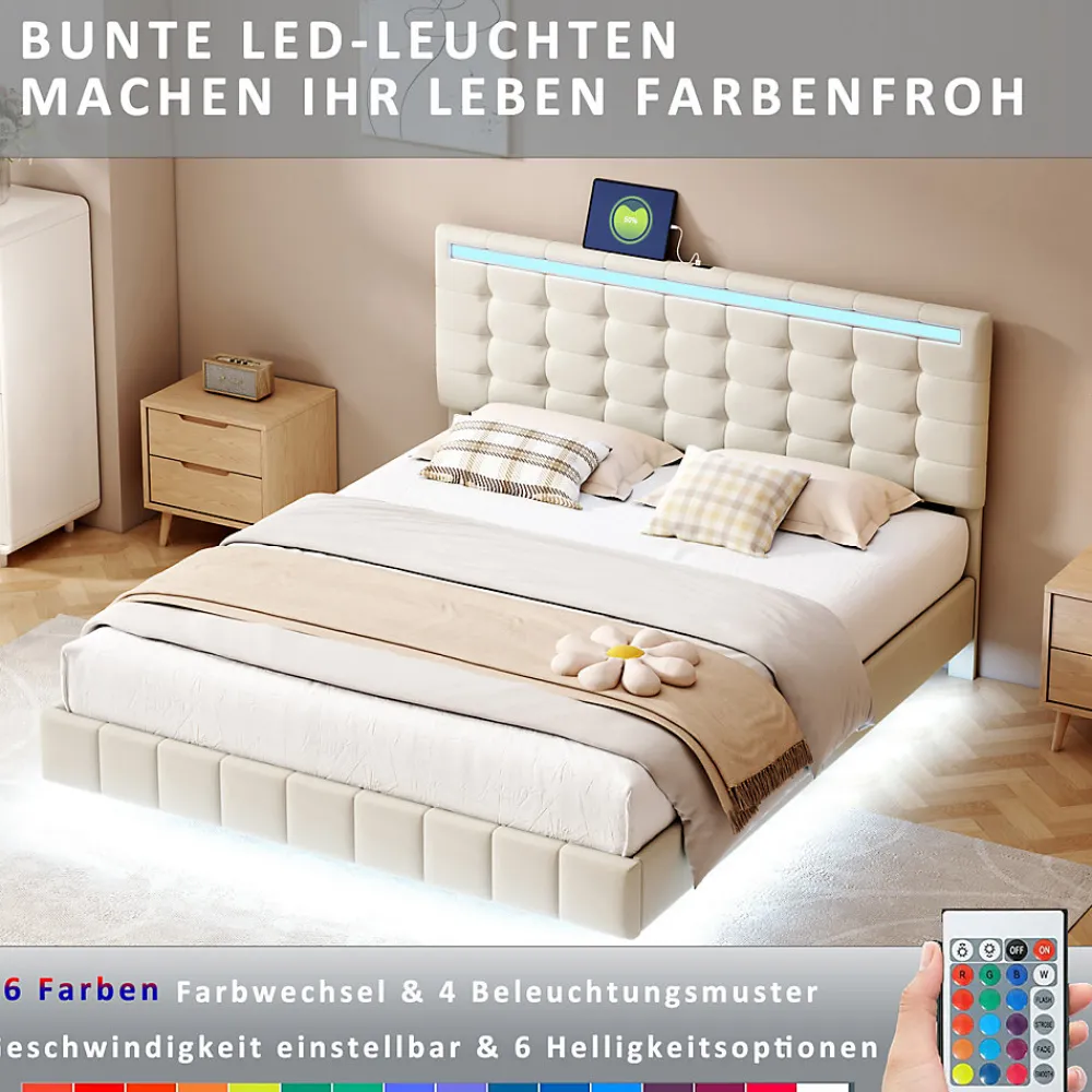 Lit double capitonné 160 x 200 cm, cadre de lit flottant, rembourré, avec LED, lin, beige>Fortuna lai Discount