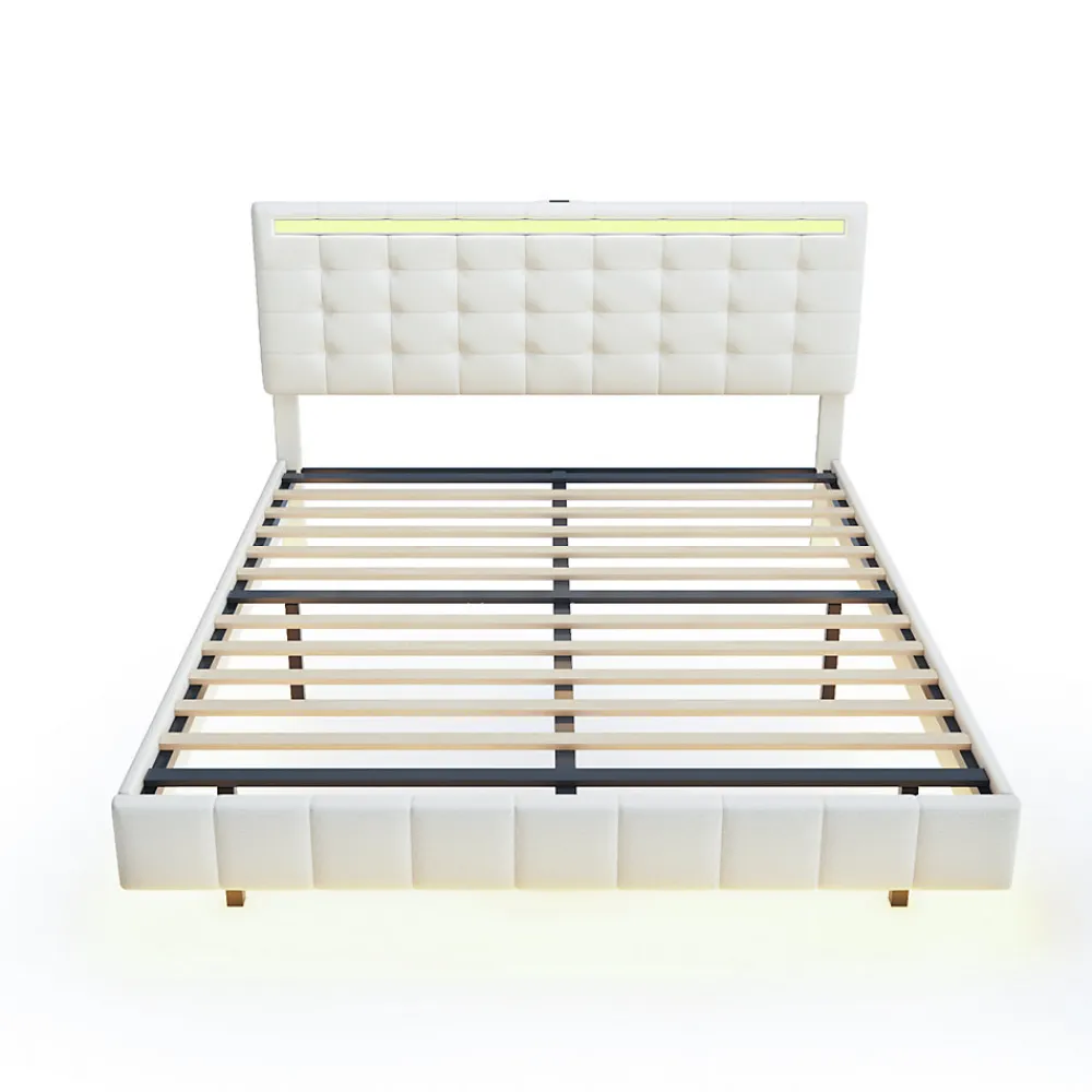 Lit double capitonné 160 x 200 cm, cadre de lit flottant, rembourré, avec LED, lin, beige>Fortuna lai Discount