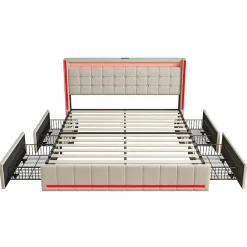 Fortuna lai Lit double capitonné 140 x 190 cm, avec tête de lit et éclairage LED, 4 tiroirs, tissu lin, beige* Lit Coffre