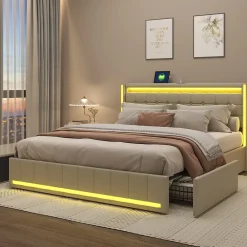 Fortuna lai Lit double capitonné 140 x 190 cm, avec tête de lit et éclairage LED, 4 tiroirs, tissu lin, beige* Lit Coffre
