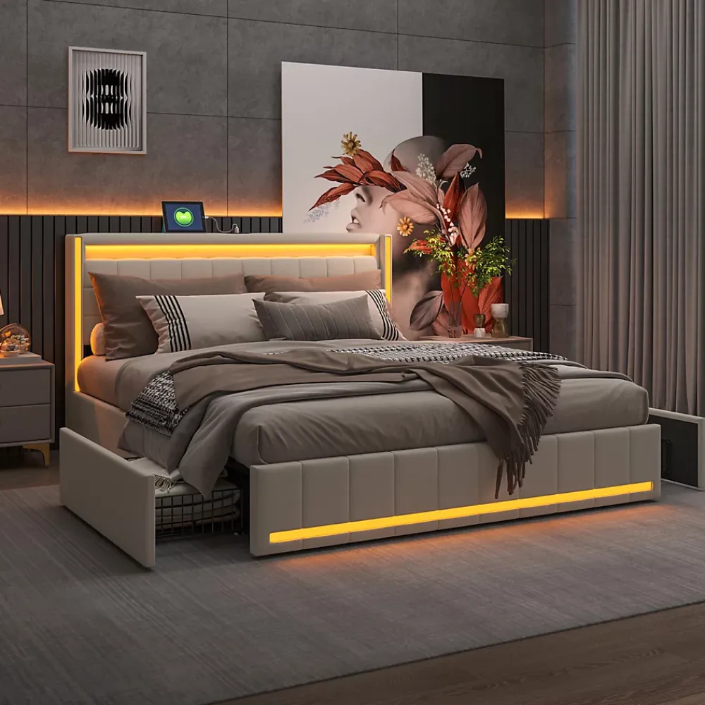 Fortuna lai Lit double capitonné 140 x 190 cm, avec tête de lit et éclairage LED, 4 tiroirs, tissu lin, beige* Lit Coffre