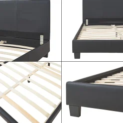Lit double capitonné 140 x 200cm cuir synthétique avec sommier à lattes noir><noscript><img width=