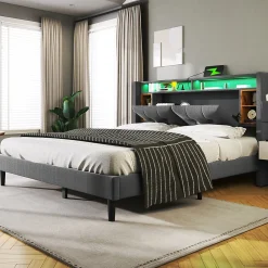 Lit double capitonné gris avec tête de lit rangement éclairage LED>Urban Meuble