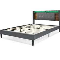 Lit double capitonné gris avec tête de lit rangement éclairage LED><noscript><img width=