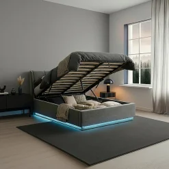 [En.Casa] Lit double capitonné Tröstiar avec éclairage LED et matelas 140 x 200 cm anthracite en.casa* Ensemble Sommier Et Matelas