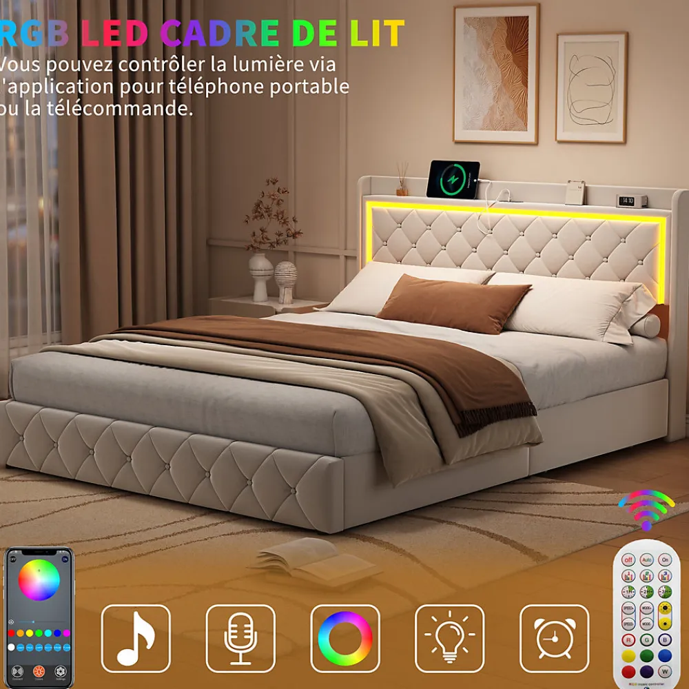 Lit Double Capitonné, 140x190 Cm, Avec 4 Tiroirs, Éclairage LED Et Ports De Chargement, Beige>Fortuna lai Best