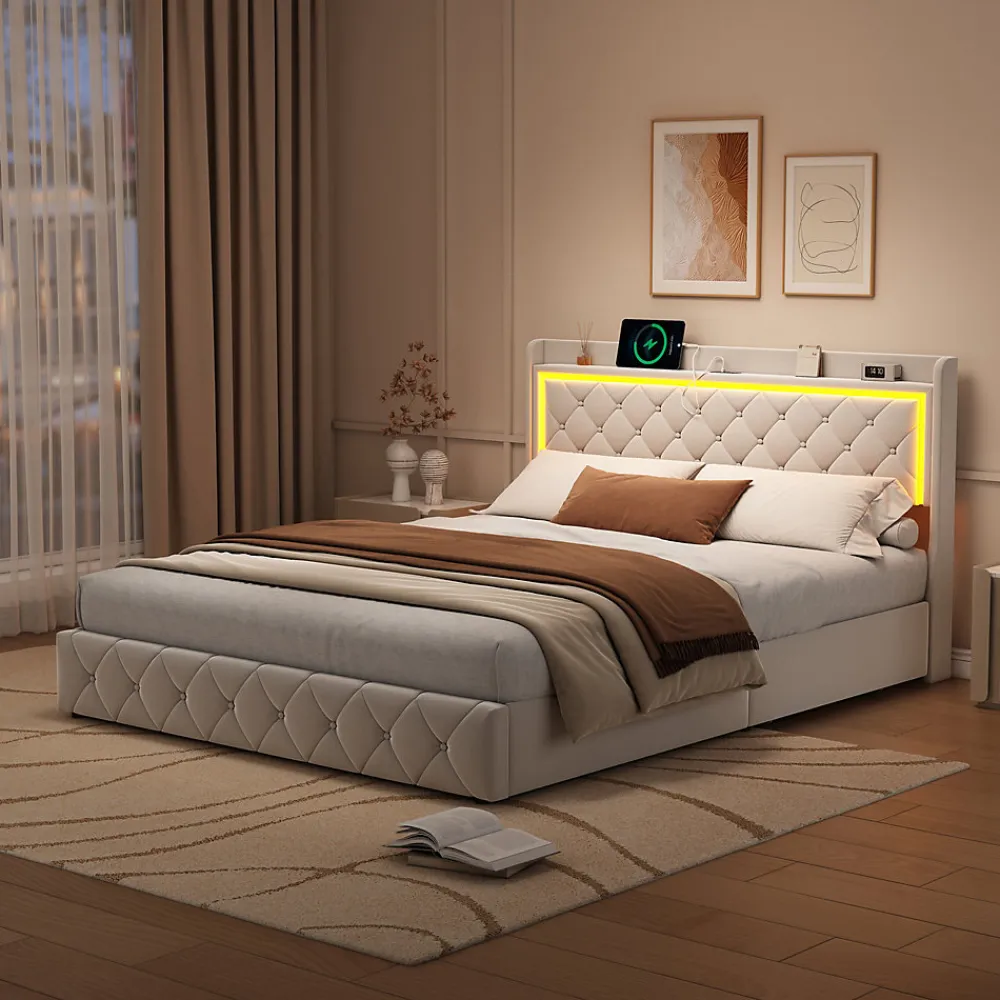 Lit Double Capitonné, 140x190 Cm, Avec 4 Tiroirs, Éclairage LED Et Ports De Chargement, Beige>Fortuna lai Best