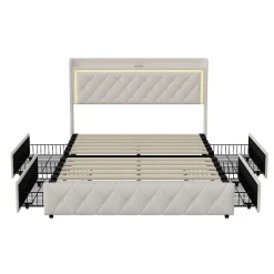Lit Double Capitonné, 140x190 Cm, Avec 4 Tiroirs, Éclairage LED Et Ports De Chargement, Beige><noscript><img width=