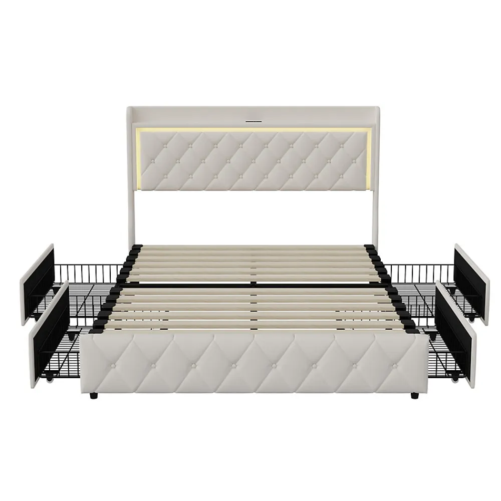 Lit Double Capitonné, 140x190 Cm, Avec 4 Tiroirs, Éclairage LED Et Ports De Chargement, Beige>Fortuna lai Best