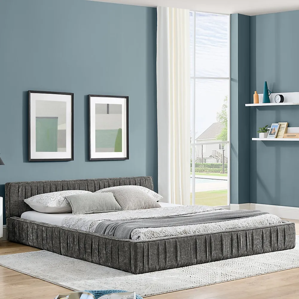 Lit Double Capitonné 160x200 cm, Tête de Lit, Structure Bois d'Eucalyptus Métal, Chenille Doux, Gris Foncé, Sans Matelas>Okwish Sale