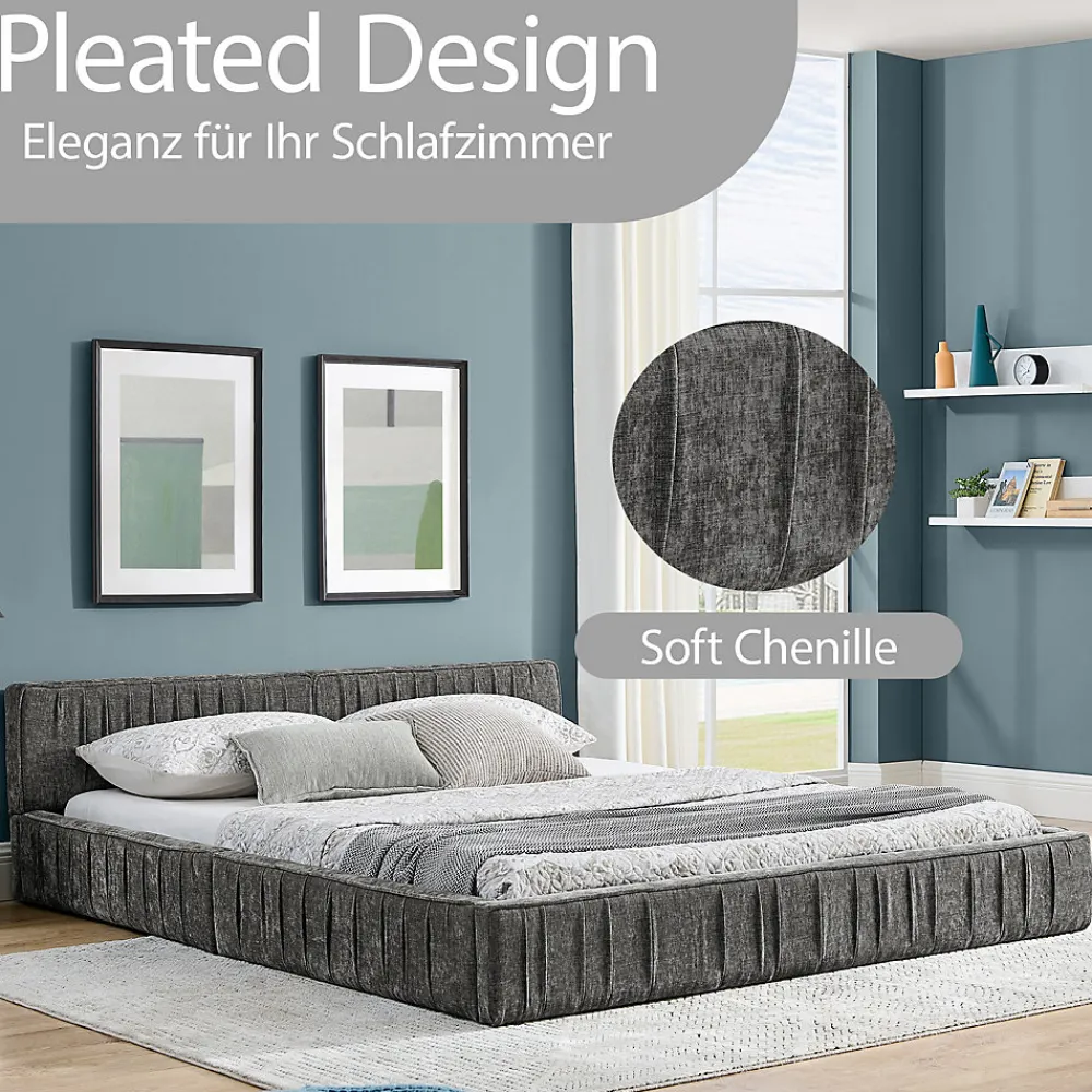 Lit Double Capitonné 160x200 cm, Tête de Lit, Structure Bois d'Eucalyptus Métal, Chenille Doux, Gris Foncé, Sans Matelas>Okwish Sale
