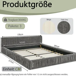 Lit Double Capitonné 160x200 cm, Tête de Lit, Structure Bois d'Eucalyptus Métal, Chenille Doux, Gris Foncé, Sans Matelas><noscript><img width=