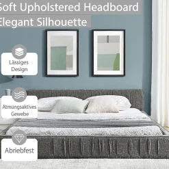 Lit Double Capitonné 160x200 cm, Tête de Lit, Structure Bois d'Eucalyptus Métal, Chenille Doux, Gris Foncé, Sans Matelas><noscript><img width=