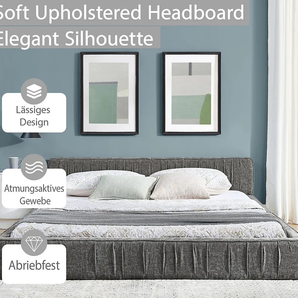 Lit Double Capitonné 160x200 cm, Tête de Lit, Structure Bois d'Eucalyptus Métal, Chenille Doux, Gris Foncé, Sans Matelas>Okwish Sale