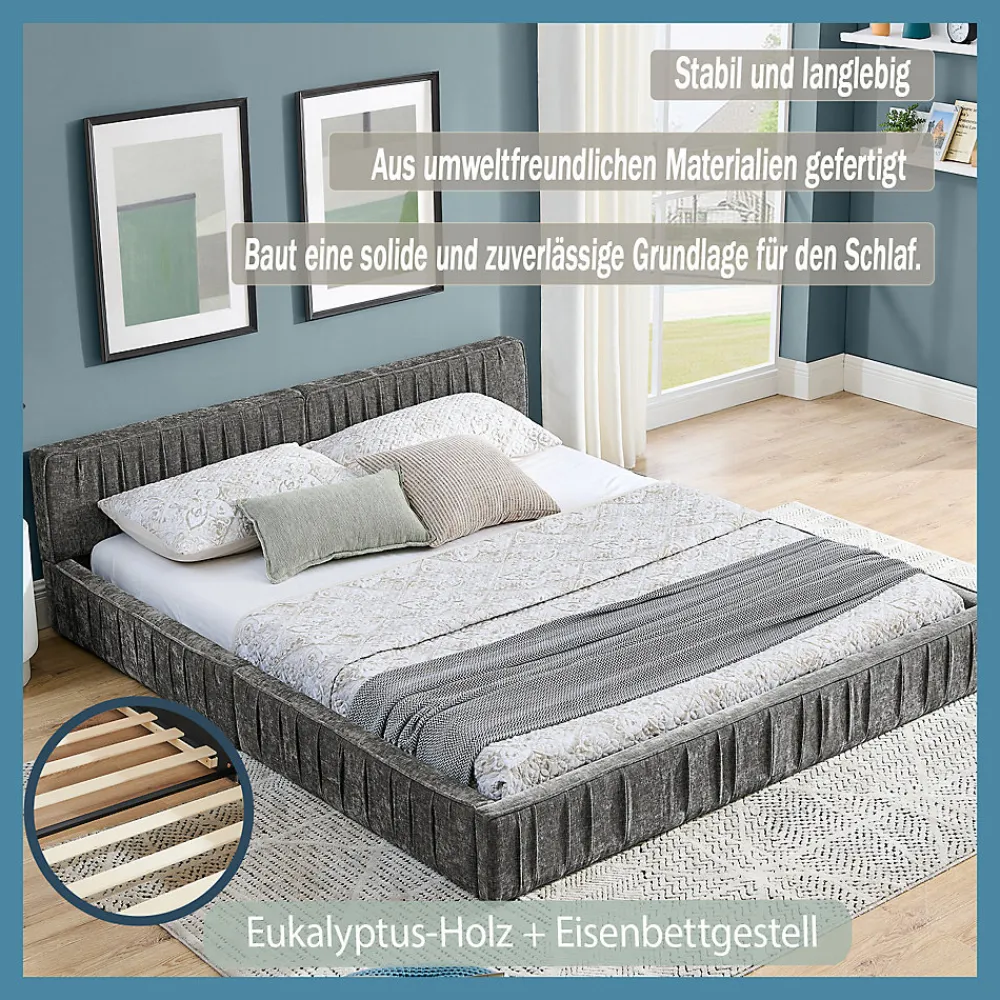 Lit Double Capitonné 160x200 cm, Tête de Lit, Structure Bois d'Eucalyptus Métal, Chenille Doux, Gris Foncé, Sans Matelas>Okwish Sale