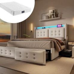 Lit double capitonné 140x200 cm avec 4 Tiroirs de Rangement, Éclairage LED et Ports USB-C, Bois et Métal, Beige, Matelas Inclus>Okwish Clearance