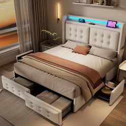 Lit double capitonné 140x200 cm avec 4 Tiroirs de Rangement, Éclairage LED et Ports USB-C, Bois et Métal, Beige, Matelas Inclus>Okwish Clearance