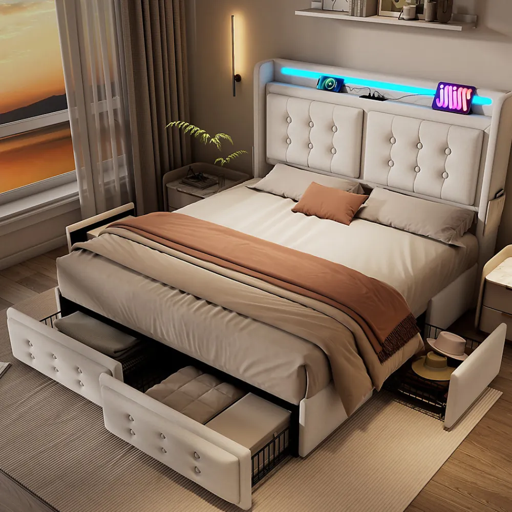 Lit double capitonné 140x200 cm avec 4 Tiroirs de Rangement, Éclairage LED et Ports USB-C, Bois et Métal, Beige, Matelas Inclus>Okwish Clearance