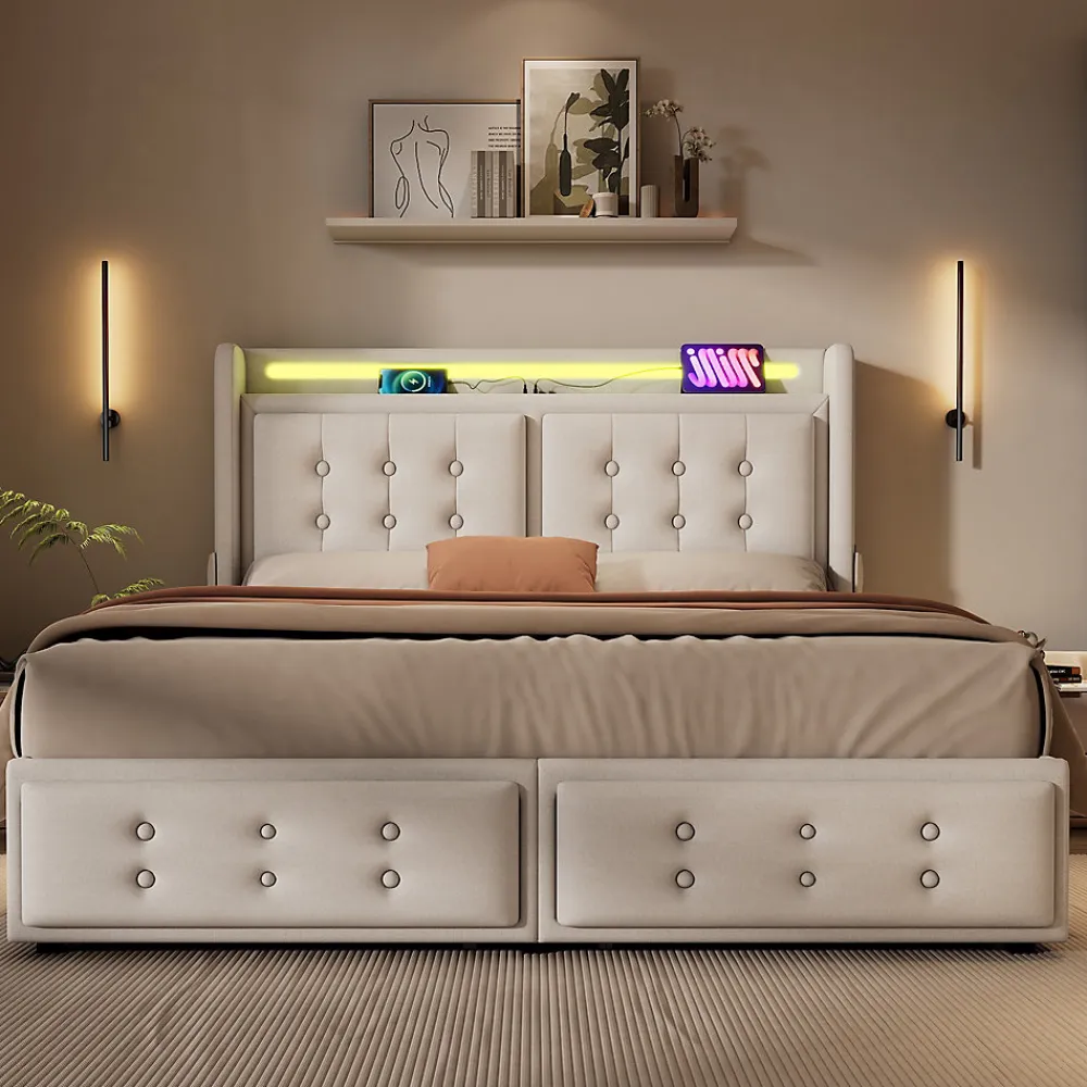 Lit double capitonné 140x200 cm avec 4 Tiroirs de Rangement, Éclairage LED et Ports USB-C, Bois et Métal, Beige, Matelas Inclus>Okwish Clearance