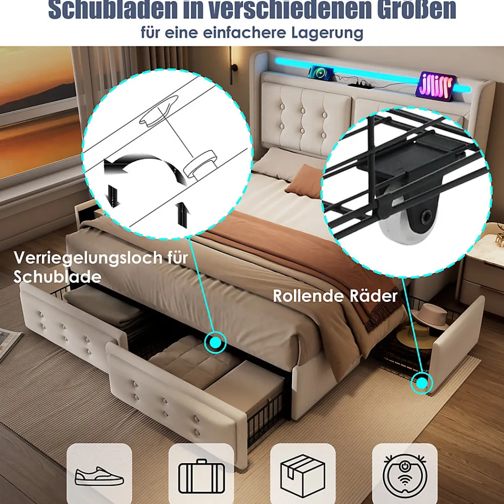 Lit double capitonné 140x200 cm avec 4 Tiroirs de Rangement, Éclairage LED et Ports USB-C, Bois et Métal, Beige, Matelas Inclus>Okwish Clearance