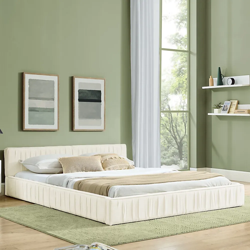 Okwish Lit Double Capitonné 140x200 cm, Tête de Lit, Structure Bois d'Eucalyptus Métal, Chenille Doux, Beige, Sans Matelas* Lit Double