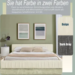 Okwish Lit Double Capitonné 140x200 cm, Tête de Lit, Structure Bois d'Eucalyptus Métal, Chenille Doux, Beige, Sans Matelas* Lit Double
