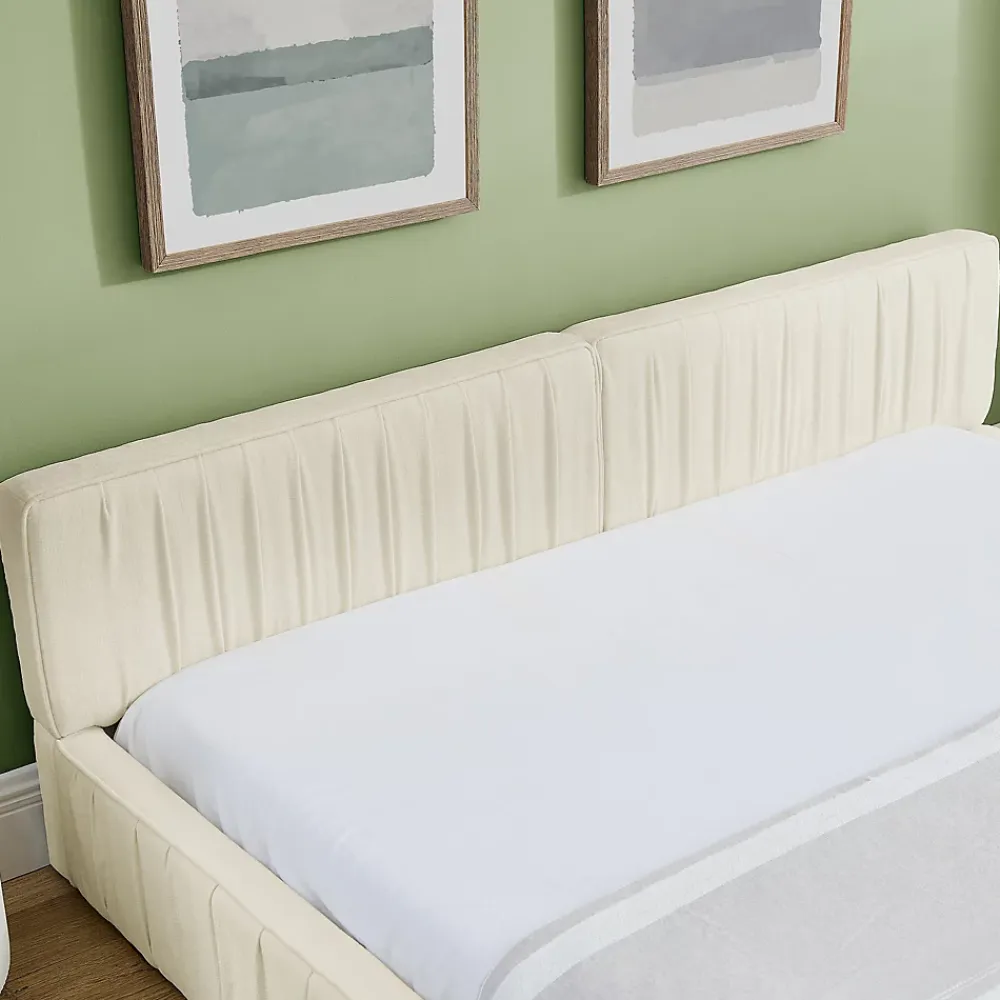 Okwish Lit Double Capitonné 140x200 cm, Tête de Lit, Structure Bois d'Eucalyptus Métal, Chenille Doux, Beige, Sans Matelas* Lit Double